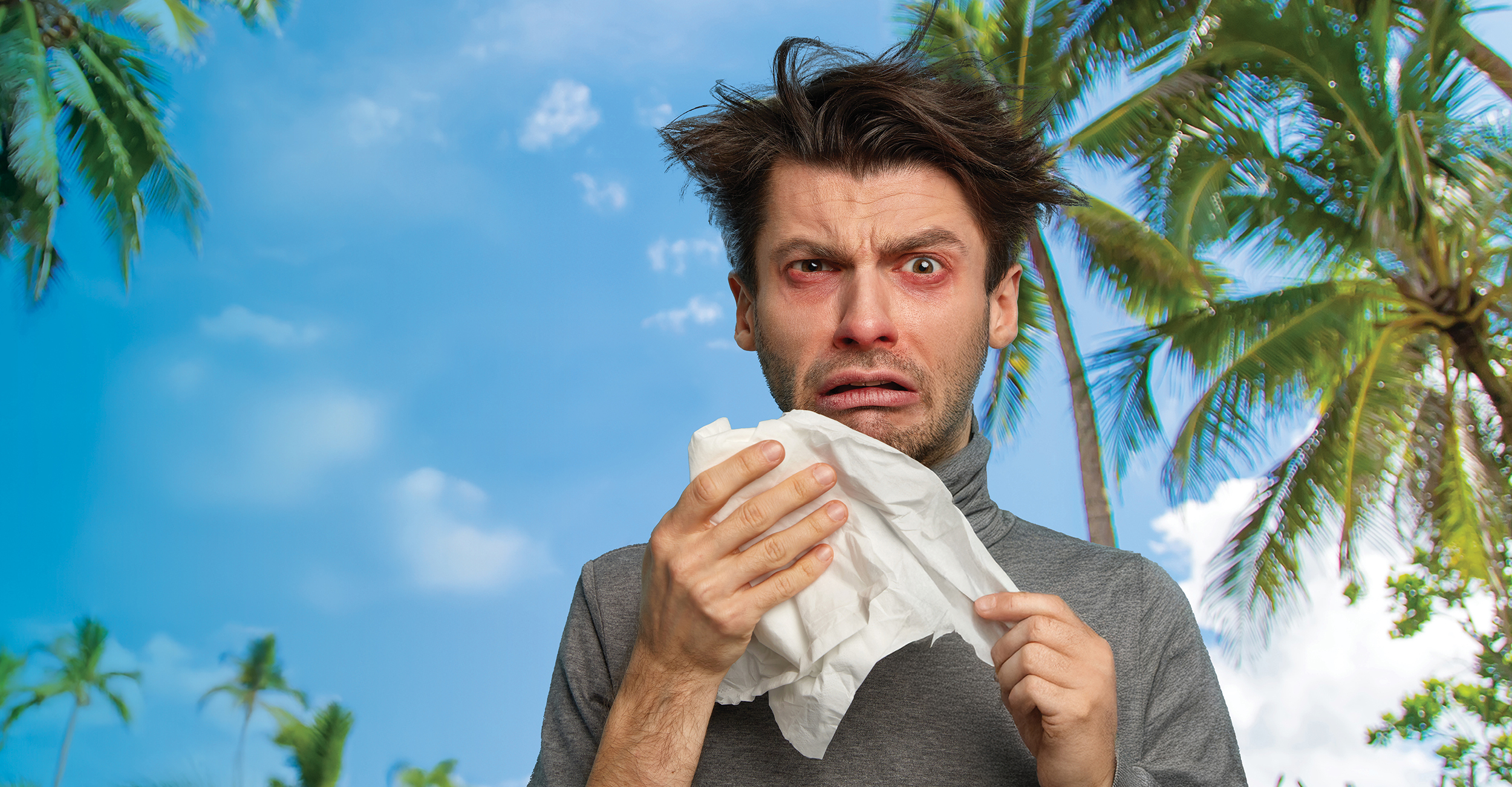 The most common allergens in FNQ (and how to avoid them) Blog post image feature tropical palm trees and a poor man suffering from allergies with red eyes and a stuffy nose, holding a tissue